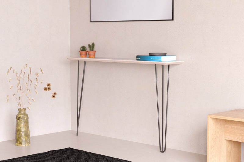 Scandi style formica plywood console hallway table with hairpin legs
