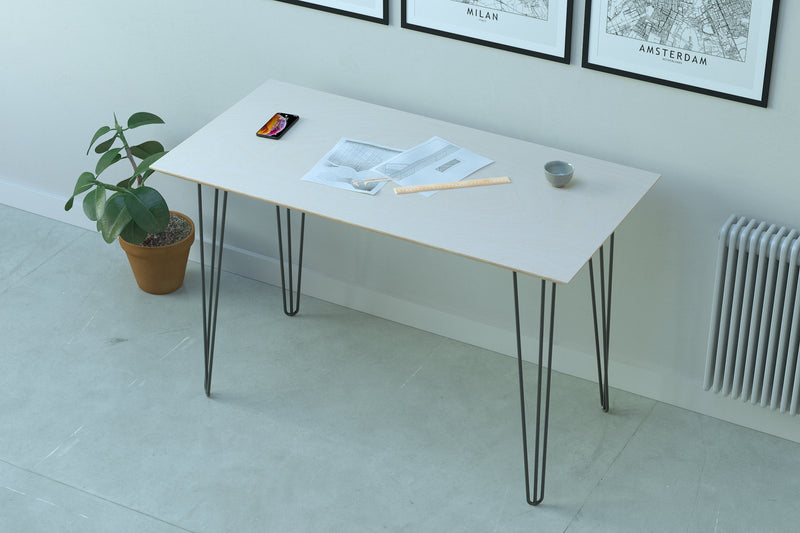 Minimalist style premium birch plywood desk with hairpin legs.