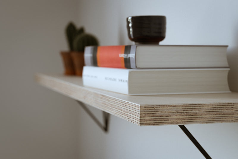 Minimalist style plywood shelf with metal brackets